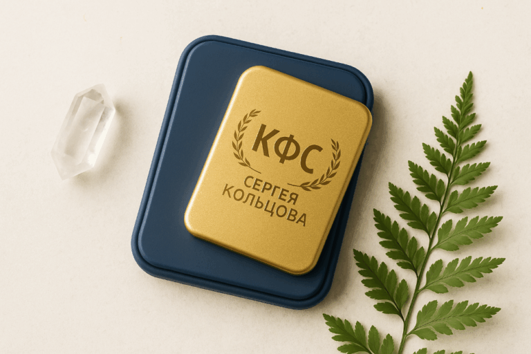 Plaque de Koltsov en métal doré posée sur un étui bleu avec cristal de quartz et feuille verte, illustrant un outil énergétique de bien-être et d’harmonisation