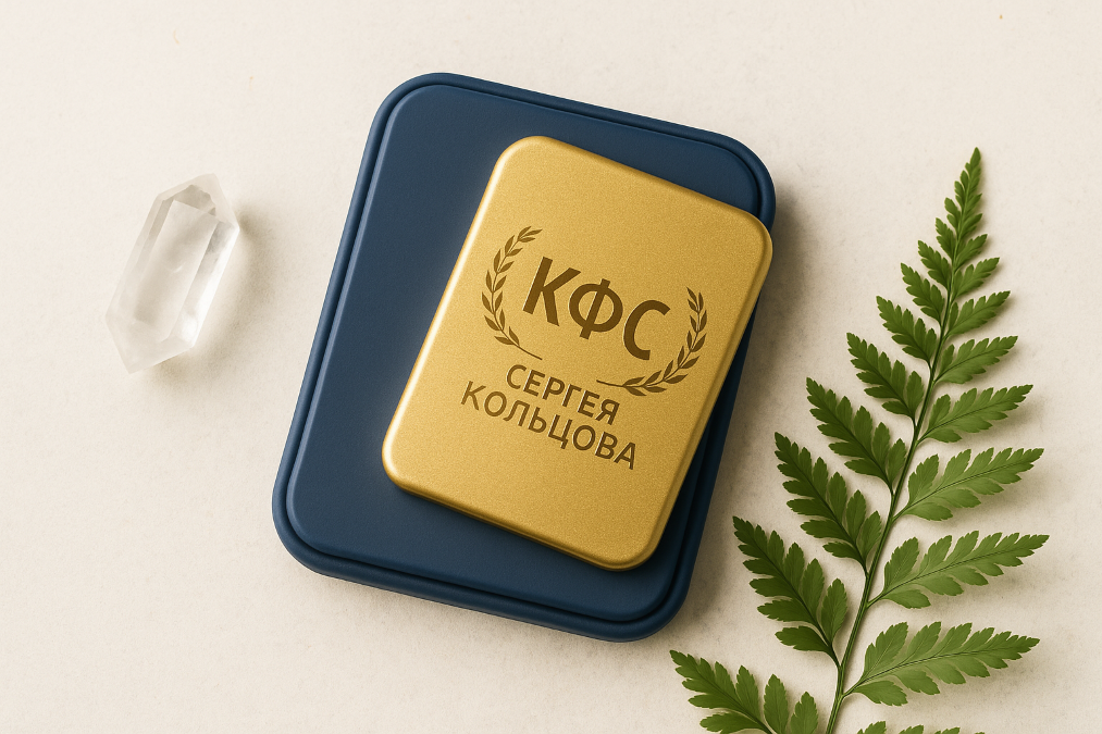Plaque de Koltsov en métal doré posée sur un étui bleu avec cristal de quartz et feuille verte, illustrant un outil énergétique de bien-être et d’harmonisation